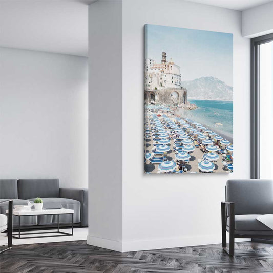 Beach and coastal wall art print of Amalfi Coast on a stretched canvas displayed from an angle in a room