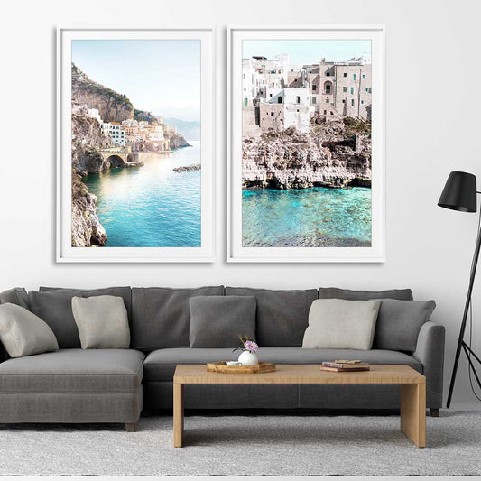 Beach and coastal wall art print of Amalfi Edge Pair on a stretched canvas displayed from an angle in a room