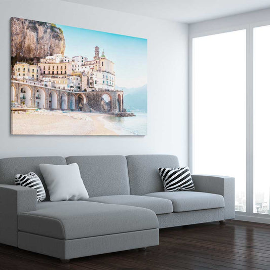 Beach and coastal wall art print of Amalfi Tides on a stretched canvas displayed from an angle in a room