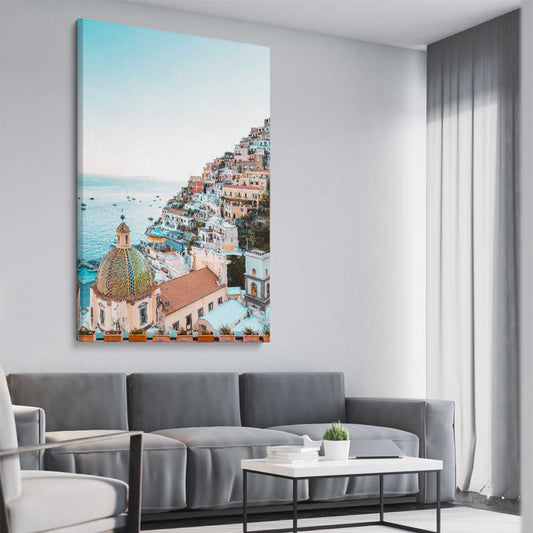 Beach and coastal wall art print of Amalfi View on a stretched canvas displayed from an angle in a room