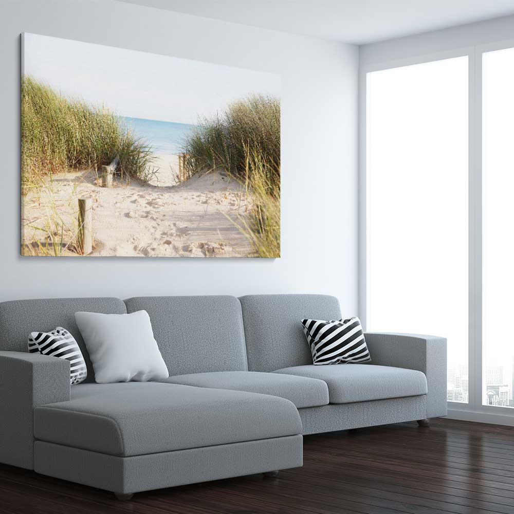 Beach and coastal wall art print of Beach Horizon on a stretched canvas displayed from an angle in a room