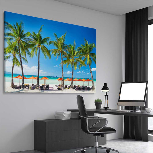 Beach and coastal wall art print of Boracay Paradise on a stretched canvas displayed from an angle in a room