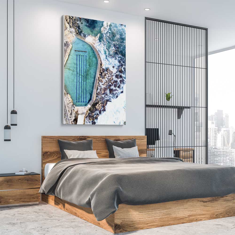 Beach and coastal wall art print of Bronte Rock Pool on a stretched canvas displayed from an angle in a room