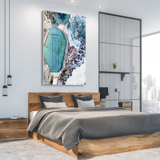 Beach and coastal wall art print of Bronte Rock Pool on a stretched canvas displayed from an angle in a room