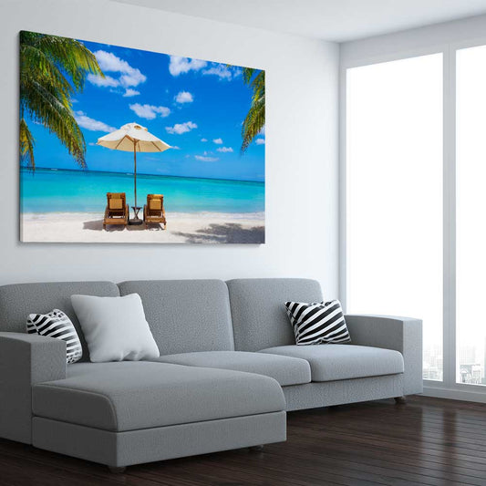 Beach and coastal wall art print of Coastal Retreat on a stretched canvas displayed from an angle in a room