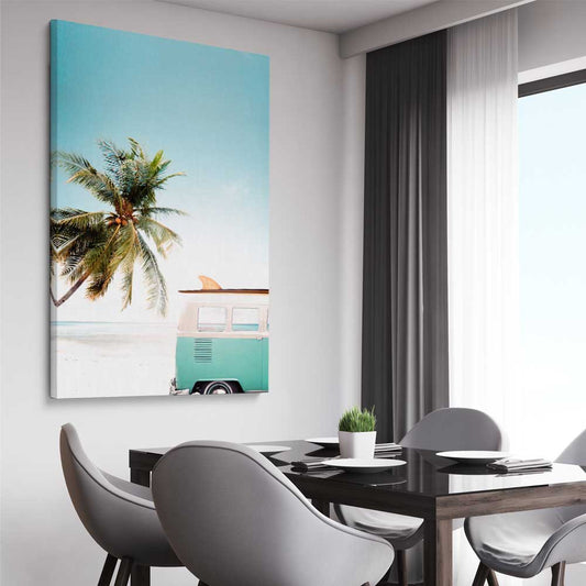 Beach and coastal wall art print of Combi Van Beach on a stretched canvas displayed from an angle in a room