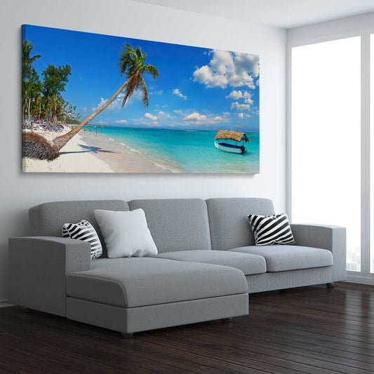 Beach and coastal wall art print of Dominican Republic Beach on a stretched canvas displayed from an angle in a room