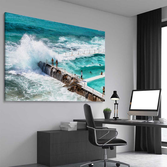 Beach and coastal wall art print of Freezing Icebergs on a stretched canvas displayed from an angle in a room