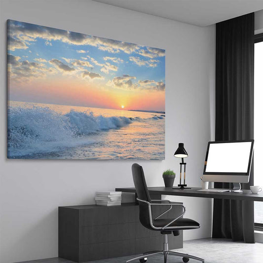 Beach and coastal wall art print of Gentle Tide at Dusk on a stretched canvas displayed from an angle in a room