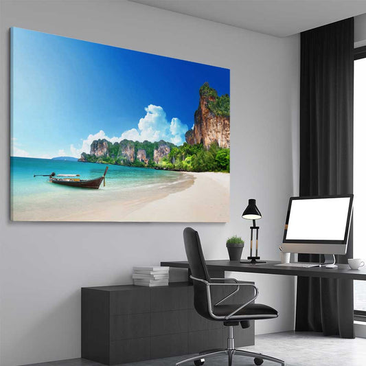 Beach and coastal wall art print of Hidden Lagoon Escape on a stretched canvas displayed from an angle in a room