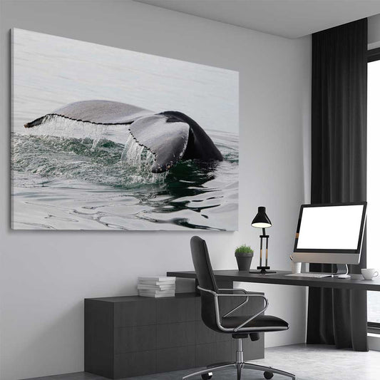 Beach and coastal wall art print of Humpback Whale on a stretched canvas displayed from an angle in a room