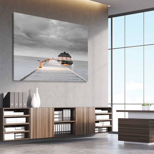 Beach and coastal wall art print of Malediven Storm on a stretched canvas displayed from an angle in a room