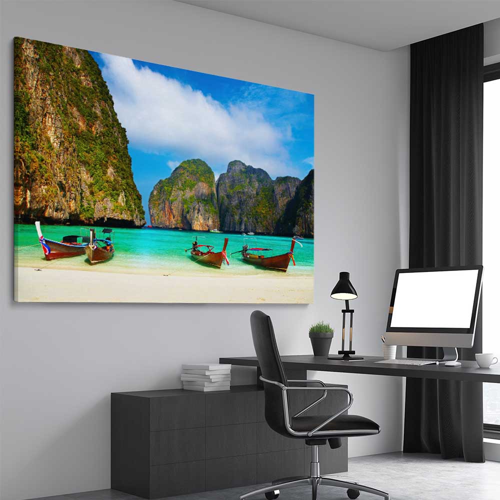 Beach and coastal wall art print of Maya Bay Beach on a stretched canvas displayed from an angle in a room