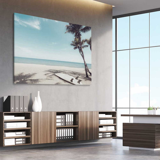 Beach and coastal wall art print of Palm Tropics on a stretched canvas displayed from an angle in a room