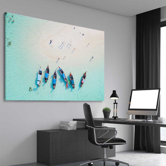Beach and coastal wall art print of Phuket Aerial on a stretched canvas displayed from an angle in a room
