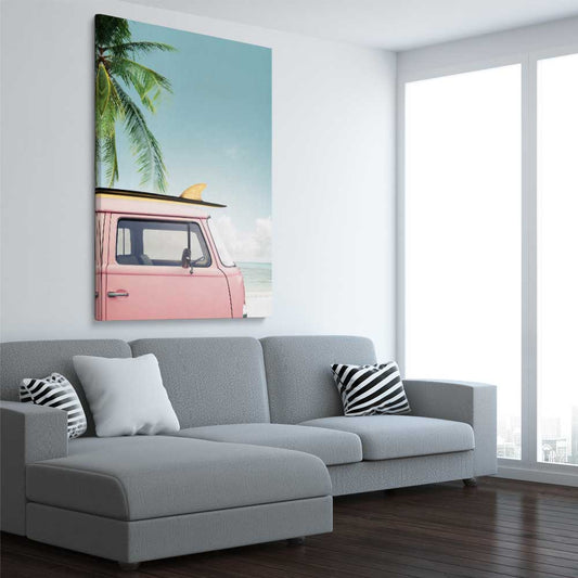 Beach and coastal wall art print of Pink Combi on a stretched canvas displayed from an angle in a room