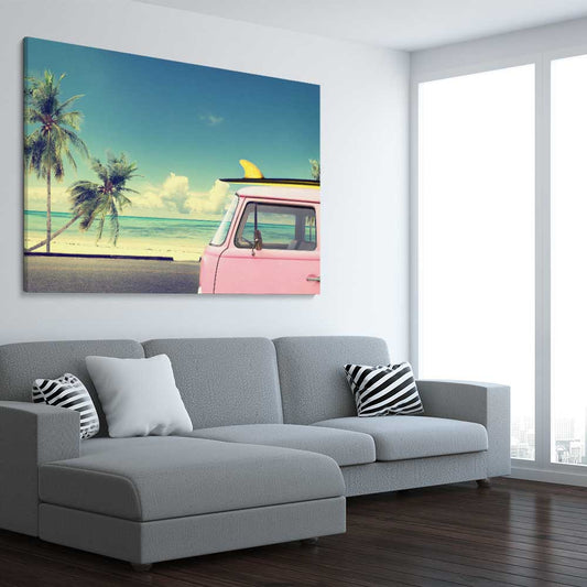 Beach and coastal wall art print of Pink Combi Surf on a stretched canvas displayed from an angle in a room
