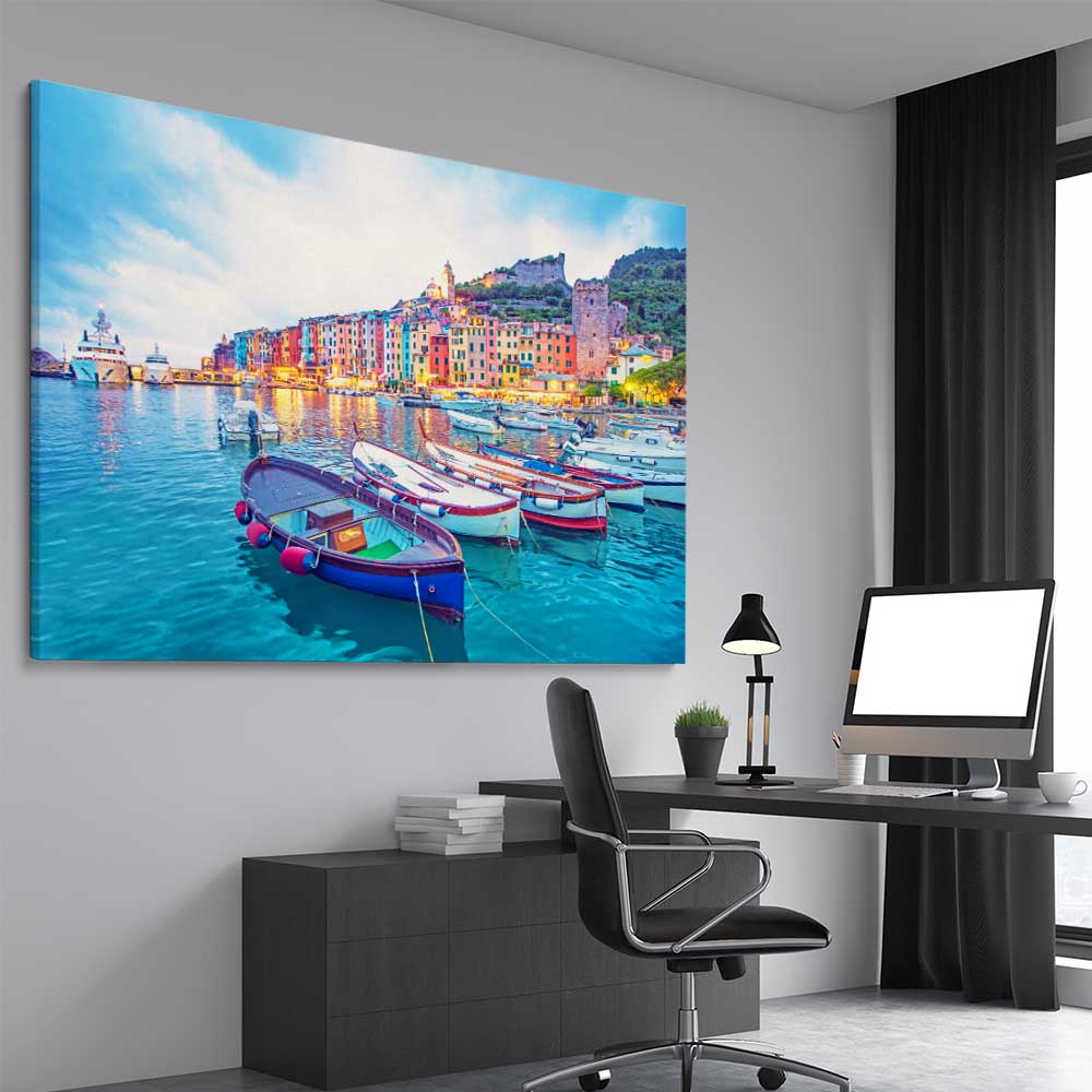 Beach and coastal wall art print of Porto Venere on a stretched canvas displayed from an angle in a room