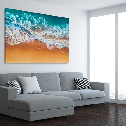 Beach and coastal wall art print of Sandy Waves on a stretched canvas displayed from an angle in a room