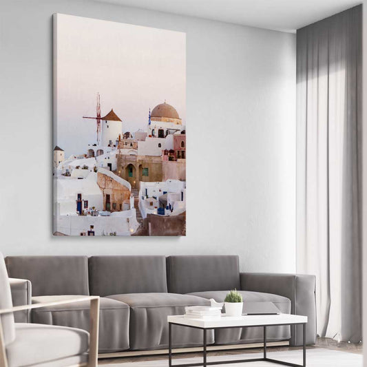 Beach and coastal wall art print of Santorini Windmill on a stretched canvas displayed from an angle in a room