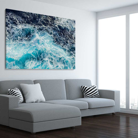 Beach and coastal wall art print of Sea Waves on a stretched canvas displayed from an angle in a room