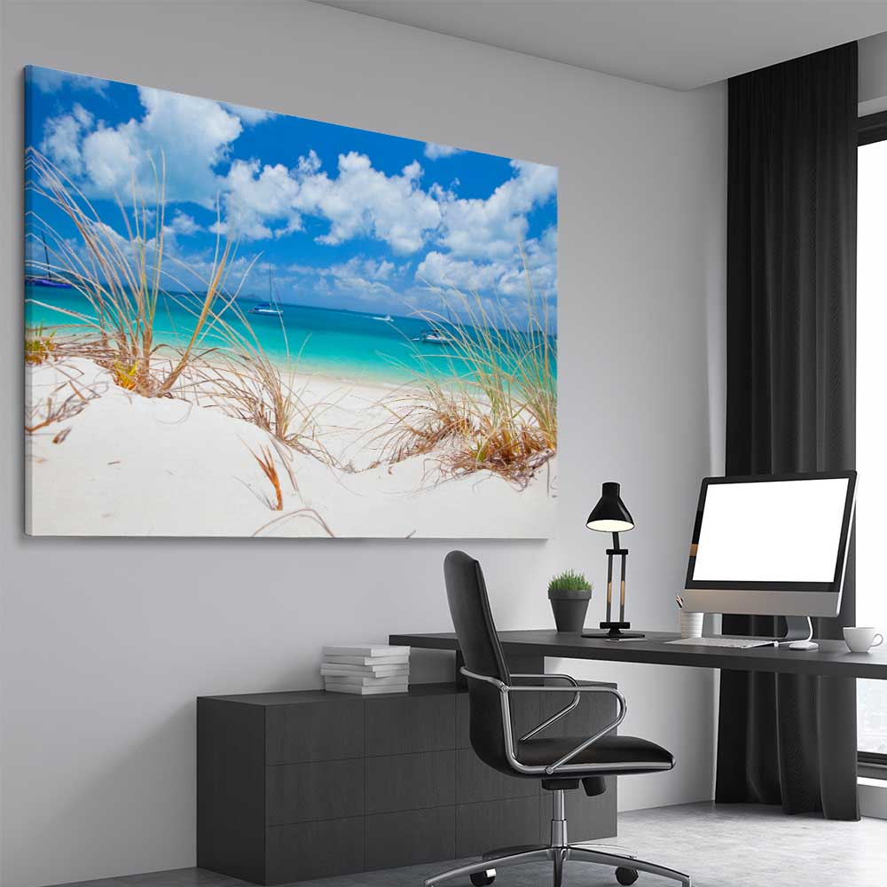 Beach and coastal wall art print of Serene Whitehaven Beach on a stretched canvas displayed from an angle in a room