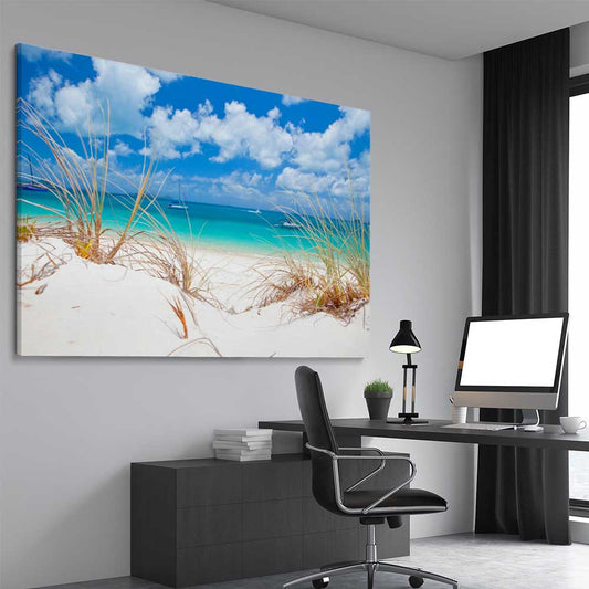 Beach and coastal wall art print of Serene Whitehaven Beach on a stretched canvas displayed from an angle in a room