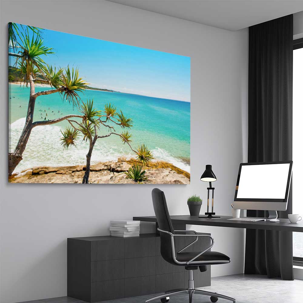Beach and coastal wall art print of Stradbroke Island Beach on a stretched canvas displayed from an angle in a room
