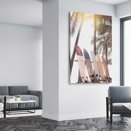 Beach and coastal wall art print of Surf Sunset on a stretched canvas displayed from an angle in a room