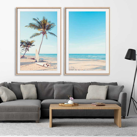 Beach and coastal wall art print of Surfing Break Pair on a stretched canvas displayed from an angle in a room