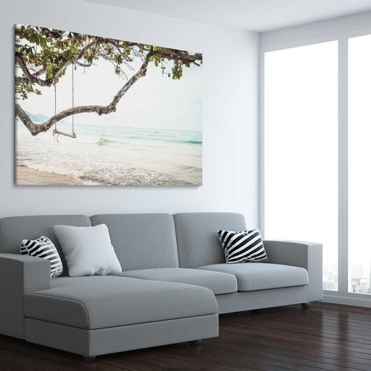 Beach and coastal wall art print of Tropical Beach on a stretched canvas displayed from an angle in a room