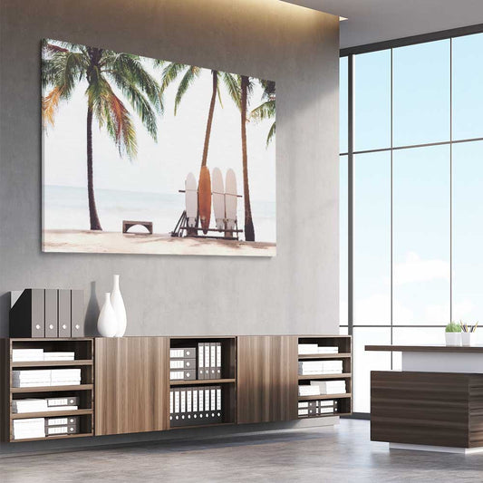 Beach and coastal wall art print of Tropical Boards on a stretched canvas displayed from an angle in a room