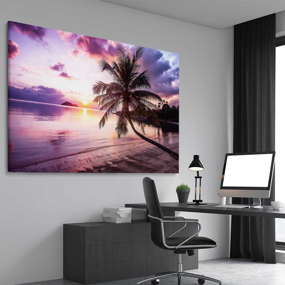Beach and coastal wall art print of Tropical Sunset on a stretched canvas displayed from an angle in a room