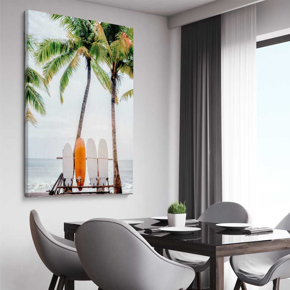 Beach and coastal wall art print of Tropical Surf on a stretched canvas displayed from an angle in a room