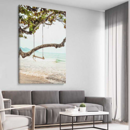 Beach and coastal wall art print of Tropical Swing on a stretched canvas displayed from an angle in a room