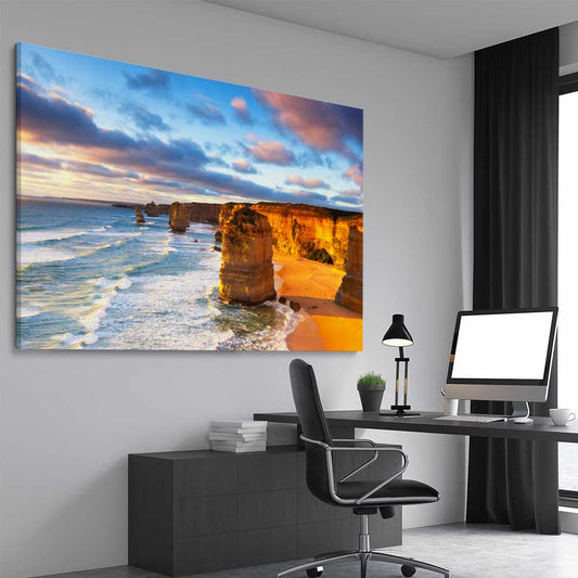 Beach and coastal wall art print of Twelve Apostles on a stretched canvas displayed from an angle in a room