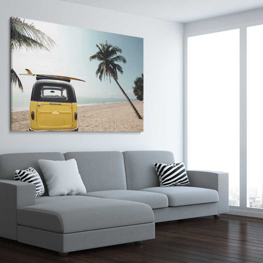 Beach and coastal wall art print of Yellow Combi Surf on a stretched canvas displayed from an angle in a room