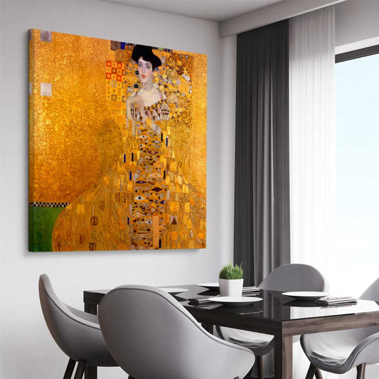 Classic wall art and canvas print of Adele Bloch-Bauer I Gustav Klimt on a stretched canvas displayed from an angle in a room