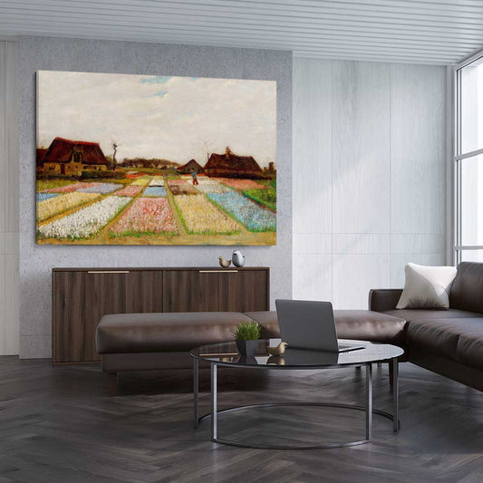 Classic wall art and canvas print of Bulb Fields Van Gogh on a stretched canvas displayed from an angle in a room