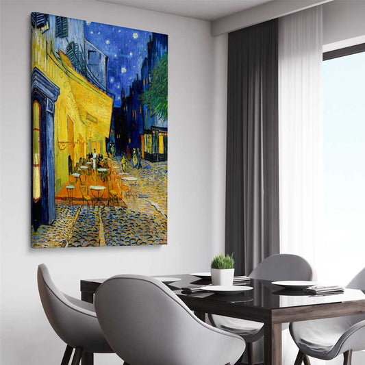 Classic wall art and canvas print of Cafe Terrace Van Gogh on a stretched canvas displayed from an angle in a room