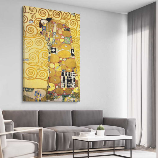 Classic wall art and canvas print of Fulfillment Gustav Klimt on a stretched canvas displayed from an angle in a room