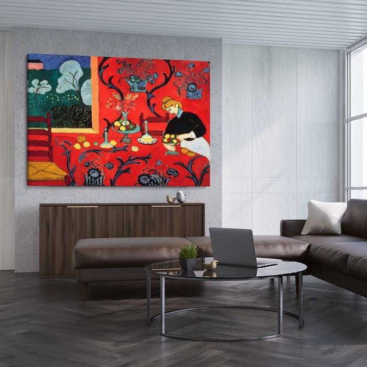Classic wall art and canvas print of Harmony in Red Henri Matisse on a stretched canvas displayed from an angle in a room