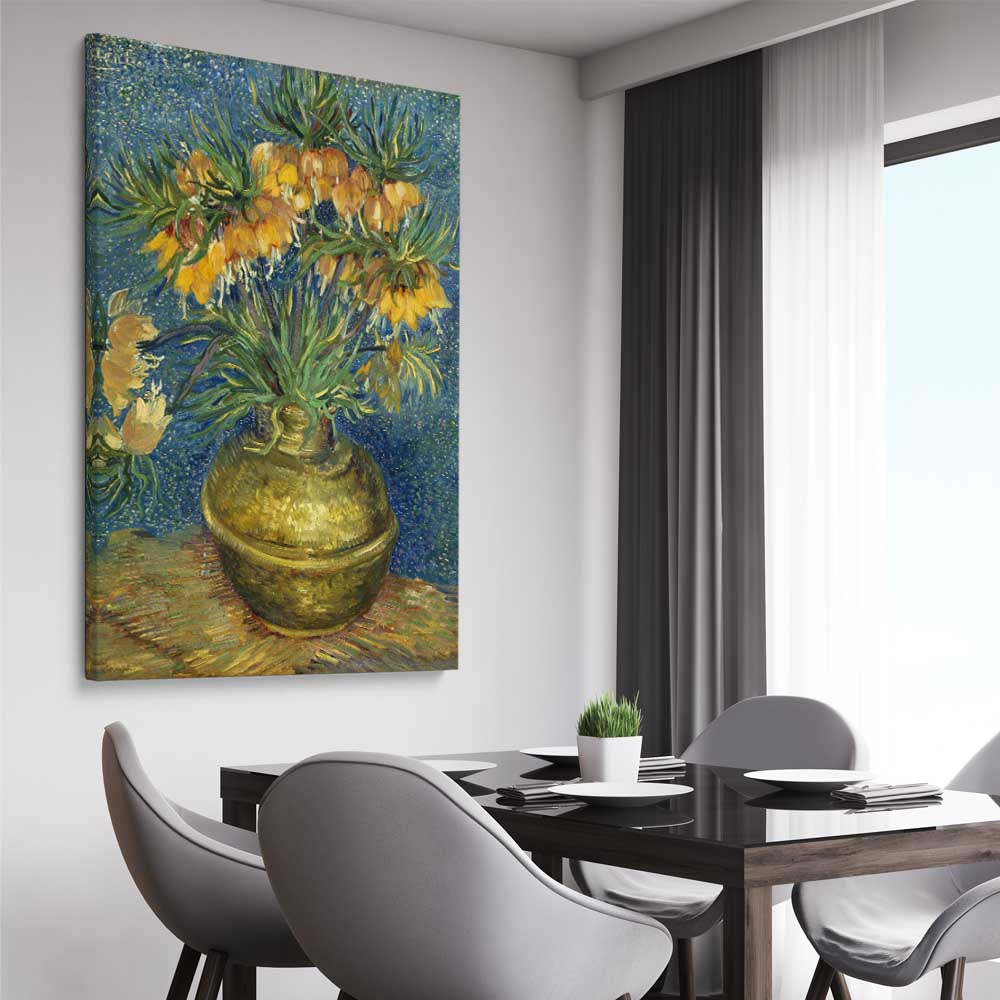 Classic wall art and canvas print of Imperial Fritillaries Van Gogh on a stretched canvas displayed from an angle in a room