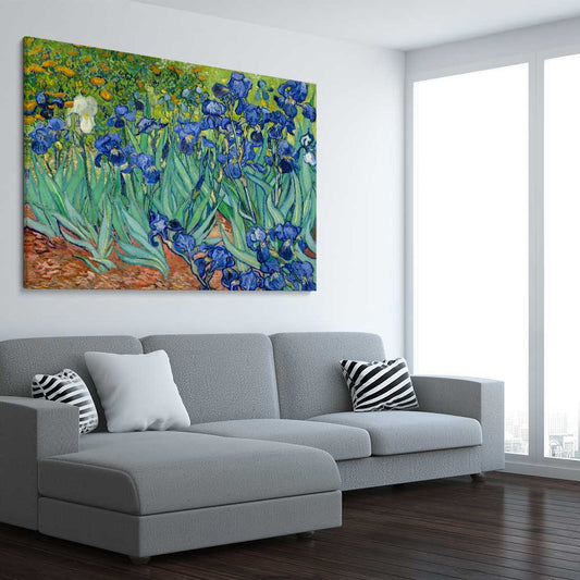 Classic wall art and canvas print of Irises Van Gogh on a stretched canvas displayed from an angle in a room