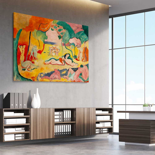 Classic wall art and canvas print of Joy of Life Henri Matisse on a stretched canvas displayed from an angle in a room