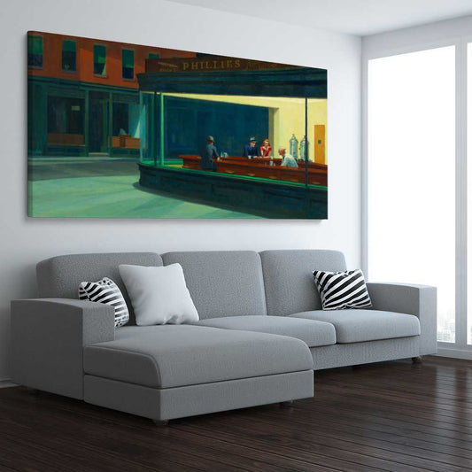 Classic wall art and canvas print of Nighthawks Edward Hopper on a stretched canvas displayed from an angle in a room