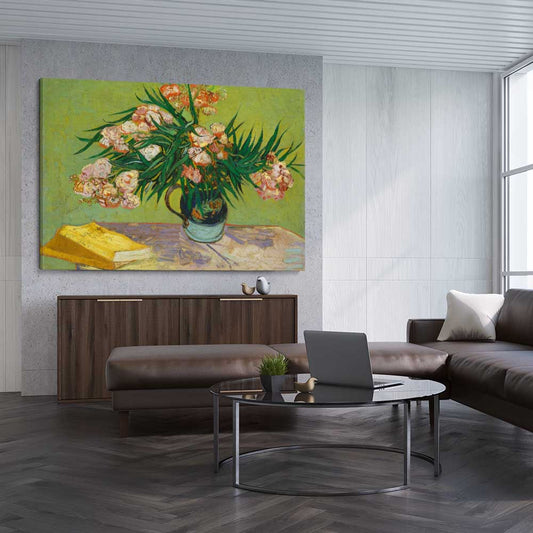 Classic wall art and canvas print of Oleanders Van Gogh on a stretched canvas displayed from an angle in a room