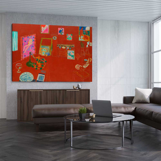 Classic wall art and canvas print of Red Studio Henri Matisse on a stretched canvas displayed from an angle in a room