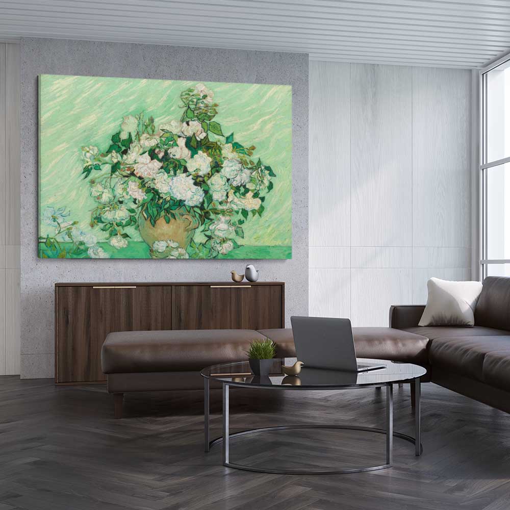Classic wall art and canvas print of Roses Van Gogh on a stretched canvas displayed from an angle in a room