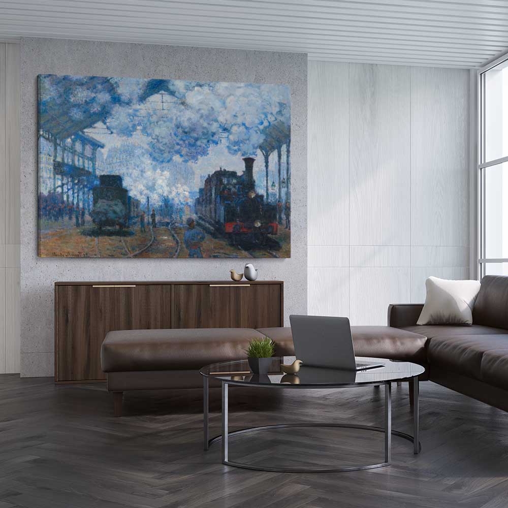 Classic wall art and canvas print of Saint-Lazare Claude Monet on a stretched canvas displayed from an angle in a room
